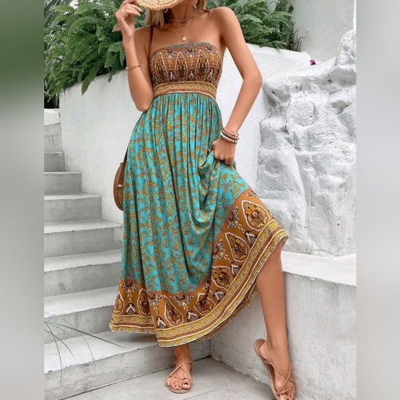 Dresses & Skirts - NEW Boho Floral Print Smocked Tube Top Dress Teal Blue Green Yellow Tan